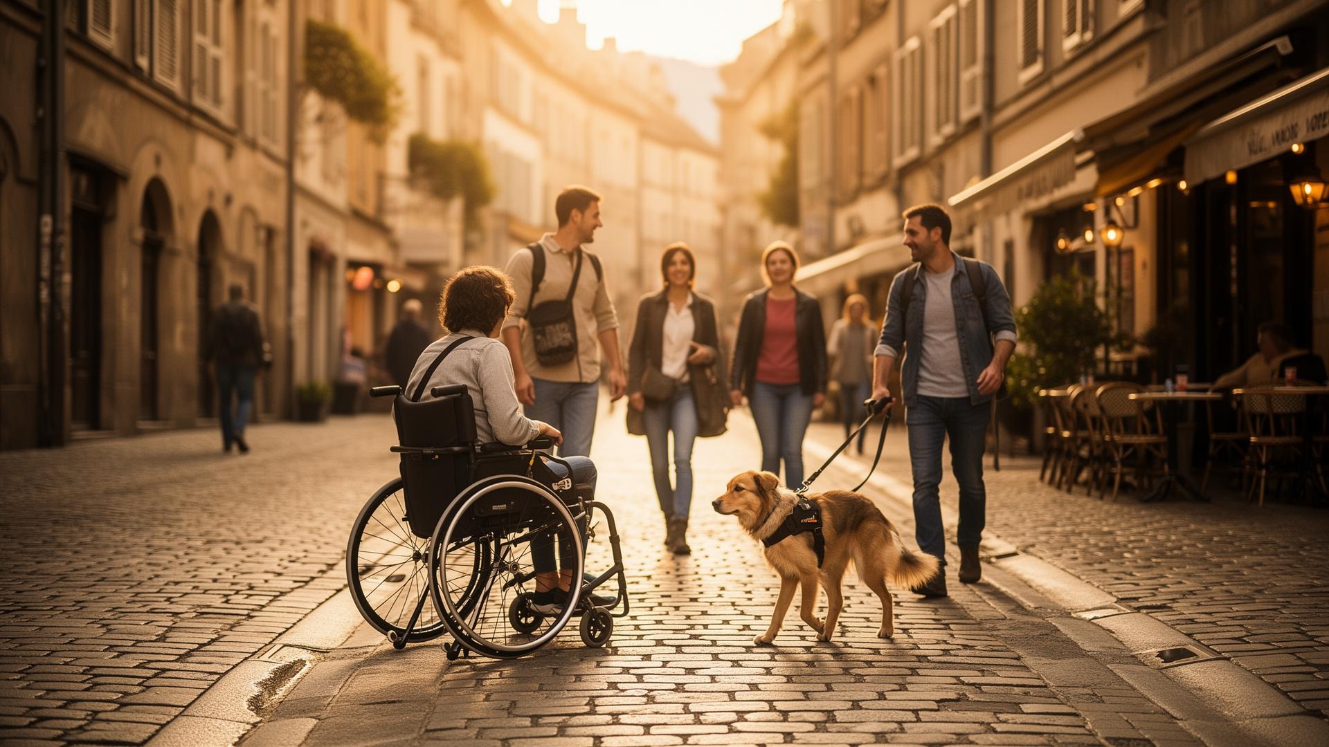 Travelers including a wheelchair user and a person with a service dog exploring a sunlit cobblestone street